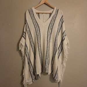 ALTAR'D STATE Cream Boho Western Striped Fringed Knit Vneck Shawl Poncho SZ S/M
